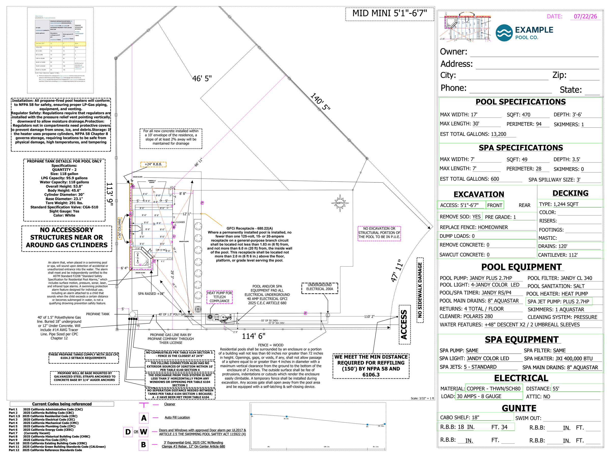 Full sample plan sheet: site plan with pool and spa layout, propane and code notes, and a title block carrying a made-up contractor logo