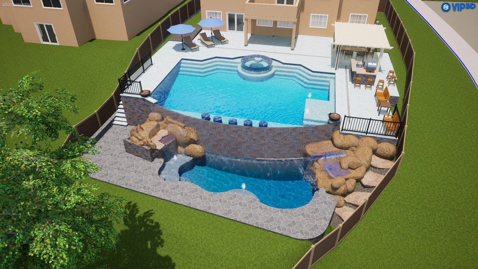 3D rendering of a raised pool with a round spa, an upper and lower water level joined by rock waterfalls, on a sloped backyard